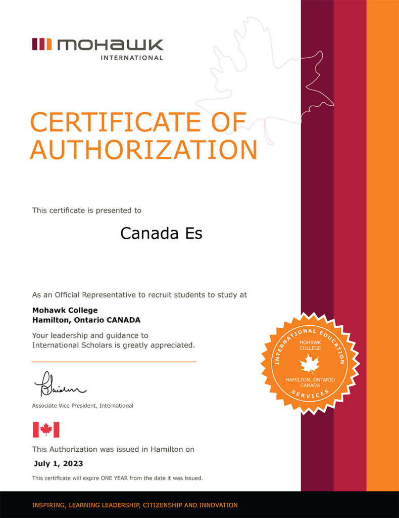 Mohawk College Certificate of Authorization Canada Es